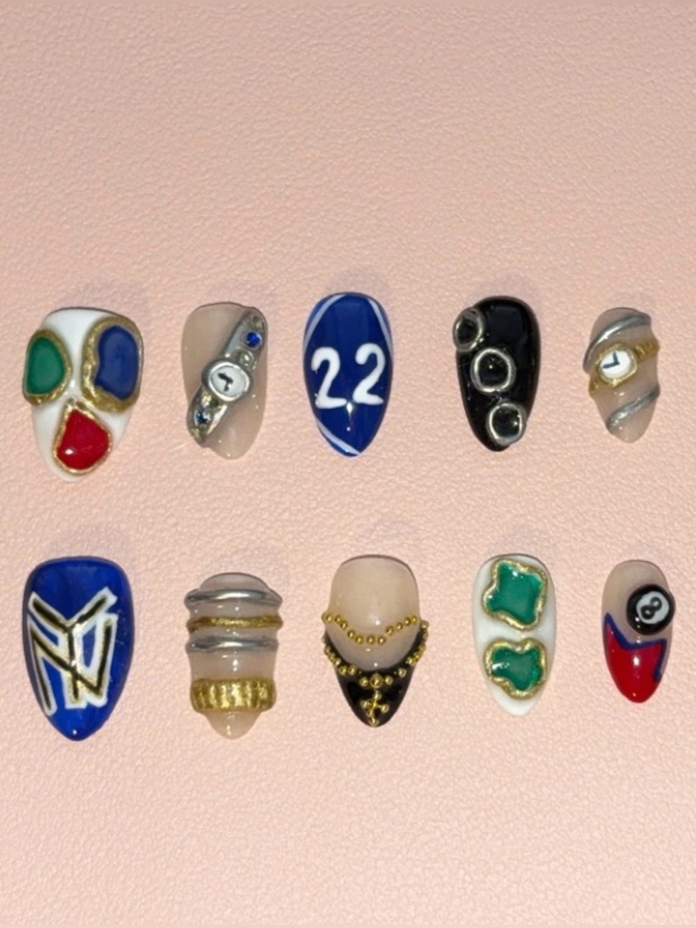 Assorted Decorative Press-On Nail Set with Blue & Neutral Accents